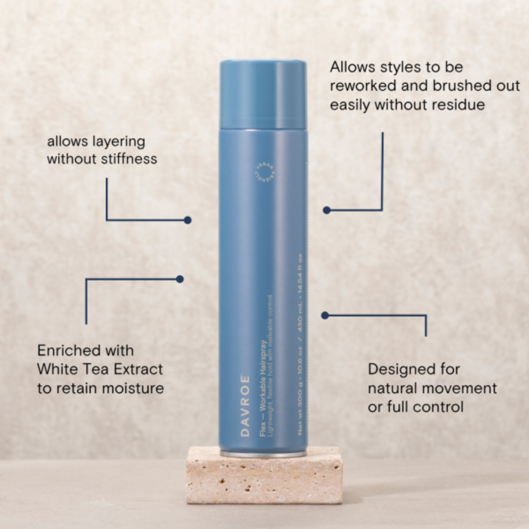 Blue hair product bottle with text on a beige background
