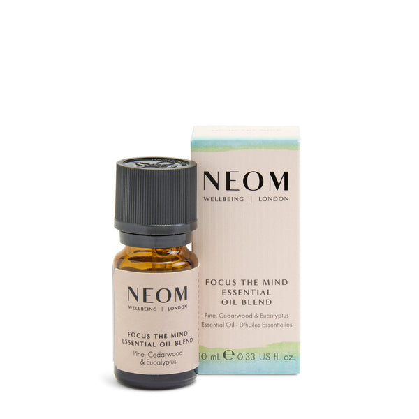 NEOM Focus the Mind essential oil blend bottle and packaging on a white background