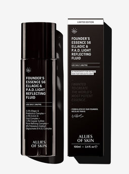 Black bottle and packaging of Allies of Skin Founder's Essence 56 Ellagic & P.A.