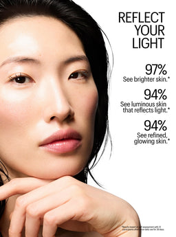Woman with glowing skin and text about skin appearance