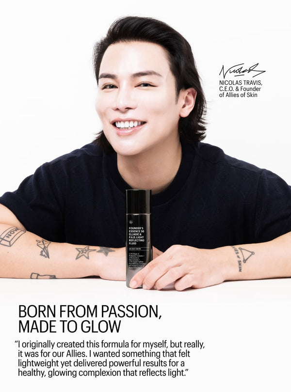 Person holding a skincare product with text about the brand's mission.