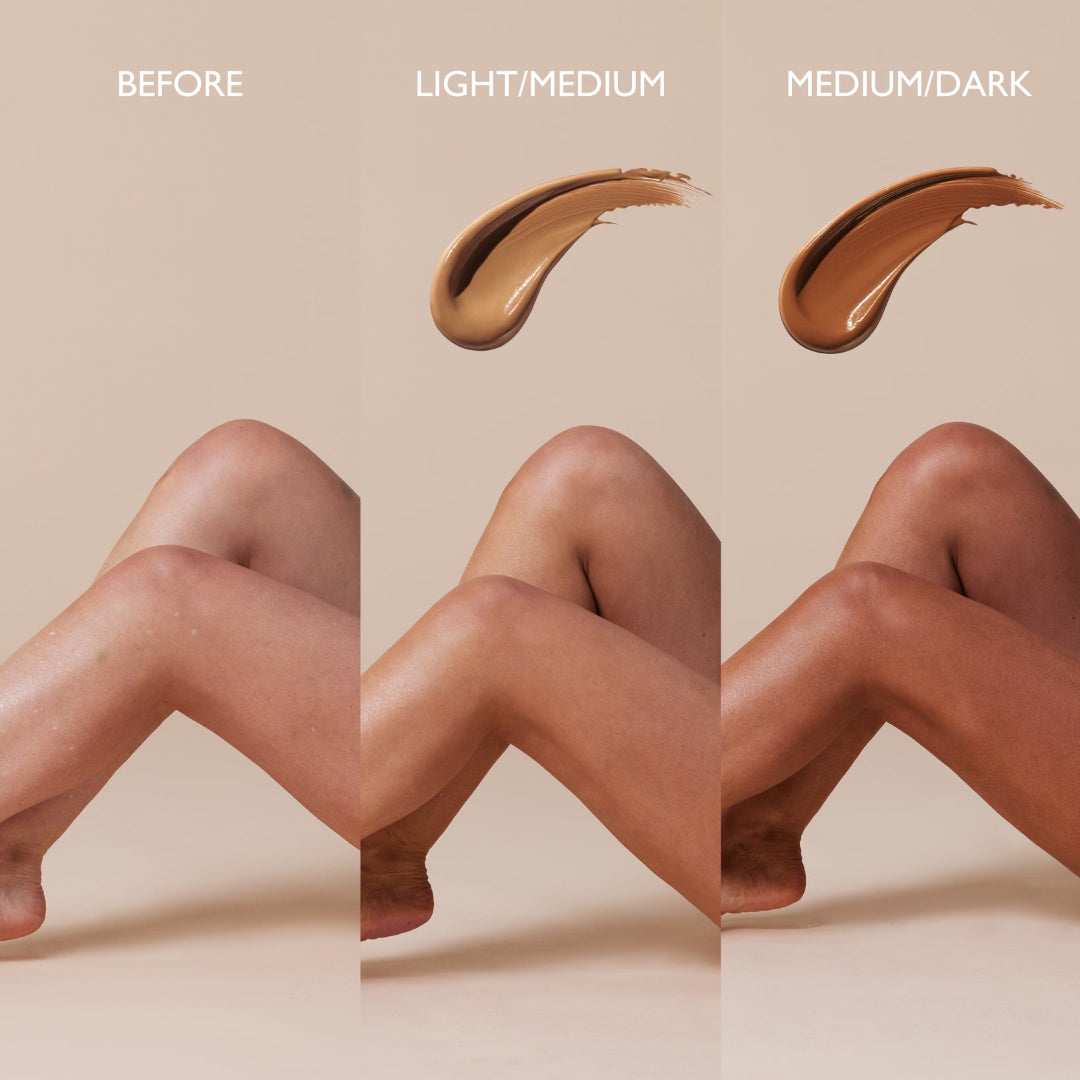 Before and after comparison of a cosmetic product application on legs with swatches labeled 'Light/Medium' and 'Medium/Dark'.
