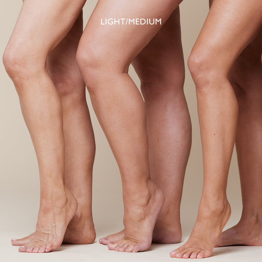 Three pairs of legs with different skin tones against a neutral background.