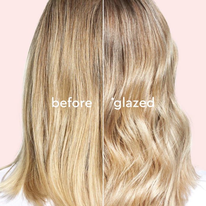 Side-by-side comparison of blonde hair labeled 'before' and 'glazed' on a pink background.