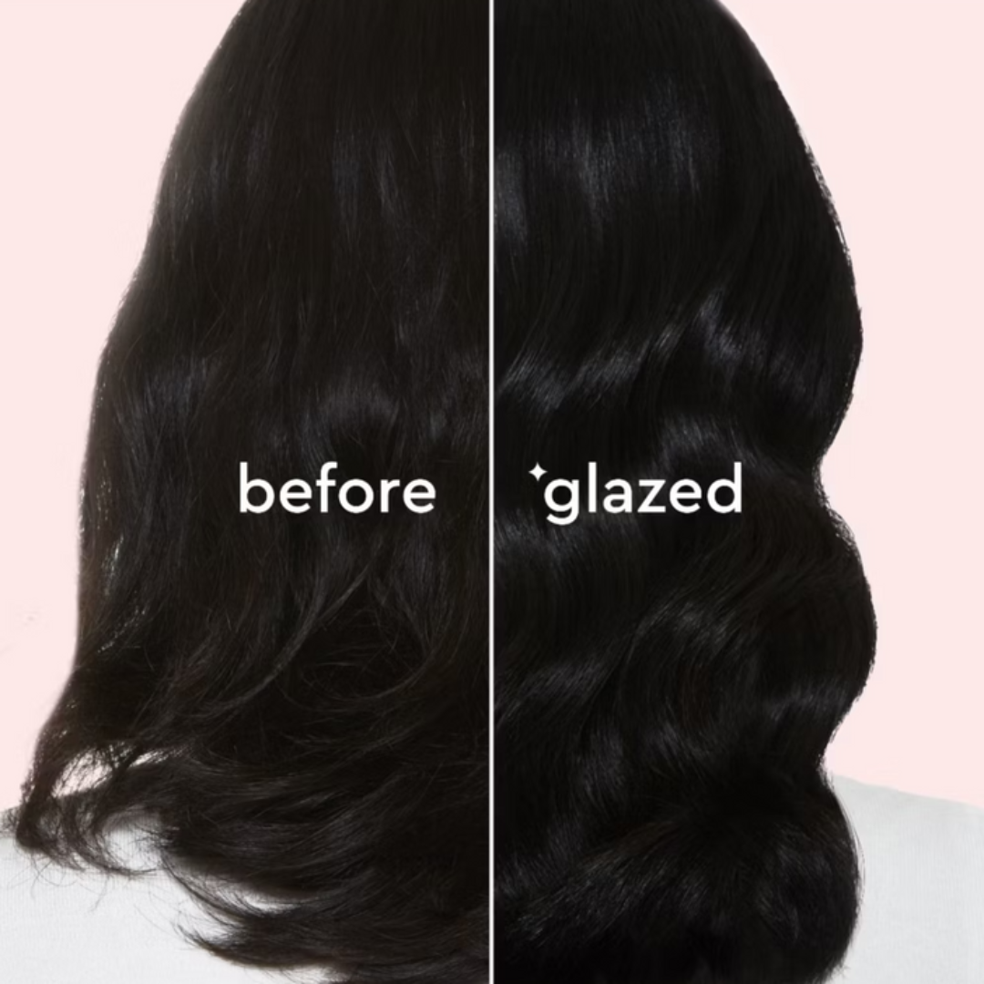 Comparison of black hair labeled 'before' and 'glazed' on a pink background