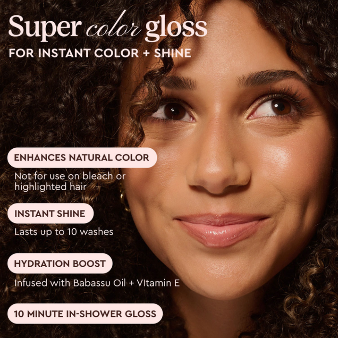 Woman with pink lip gloss and product features text overlay