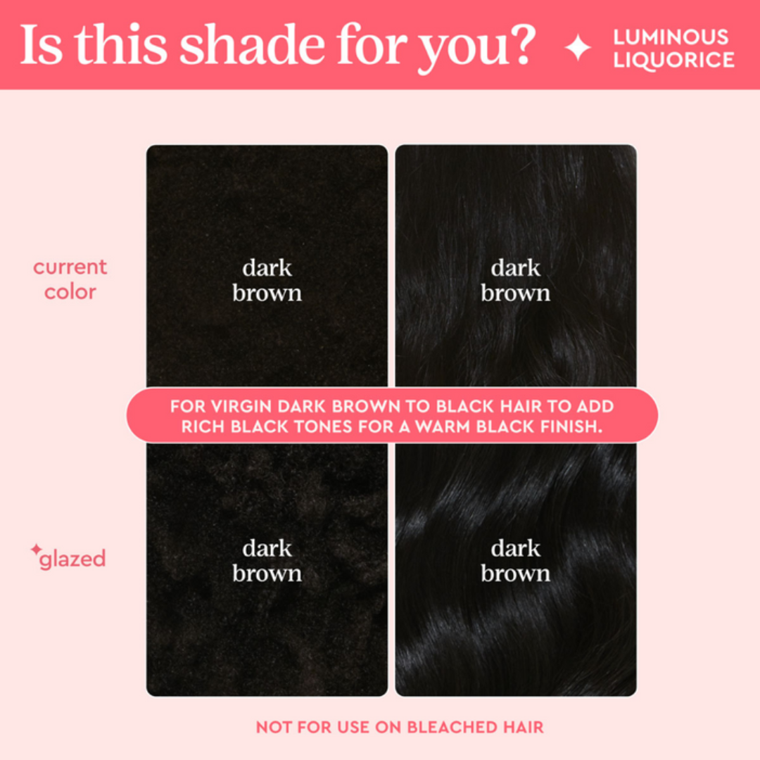 Hair color chart comparing 'current color' and 'glazed' dark brown shades on a pink background.