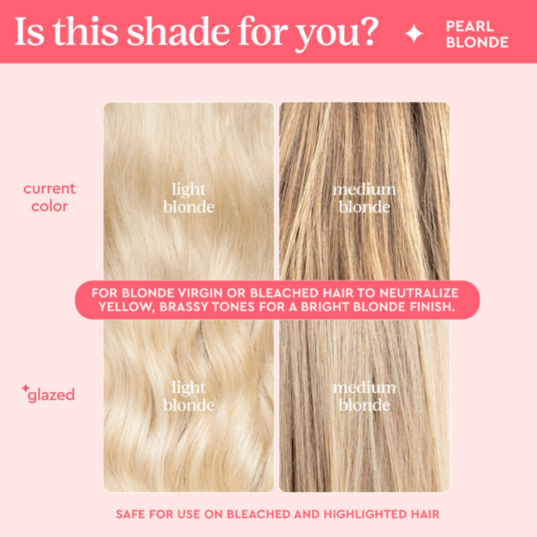 Hair color chart comparing light blonde, medium blonde, and pearl blonde shades on a pink background.