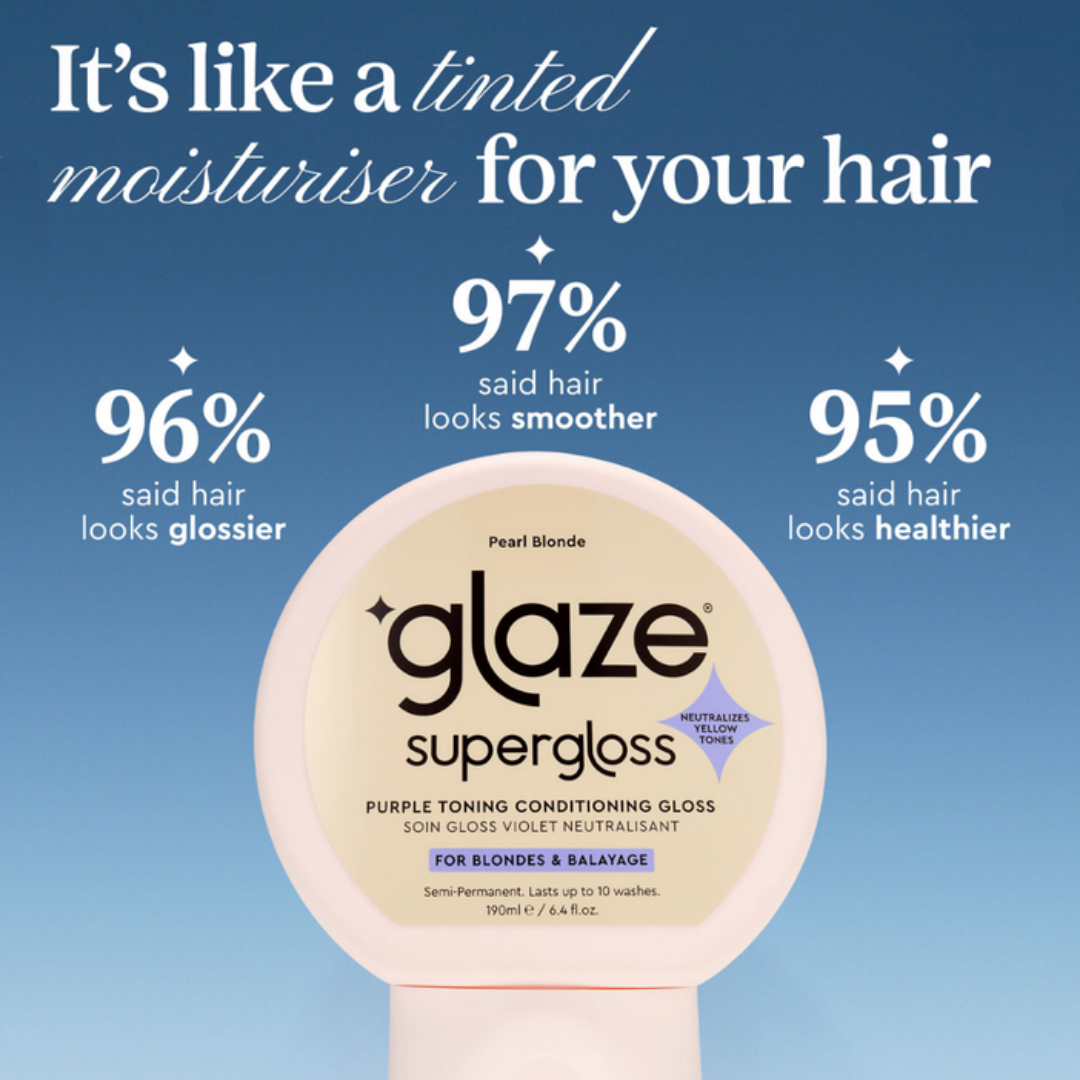 Glaze supergloss hair product with text on a blue background