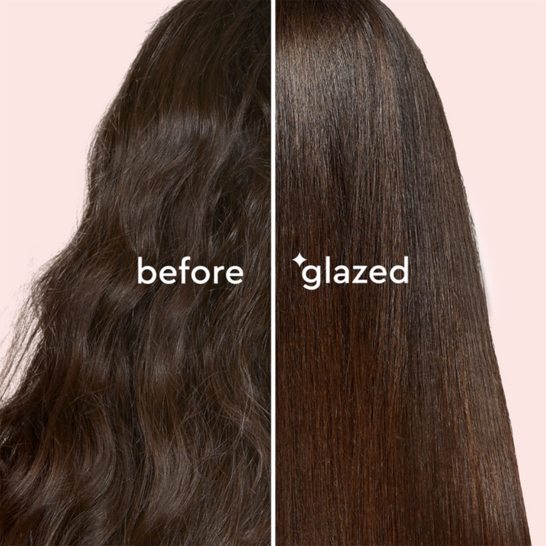Comparison of wavy hair labeled 'before' and straightened hair labeled 'glazed' on a pink background.