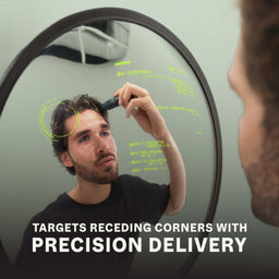 Man using a hair care product in front of a mirror with text about precision delivery.