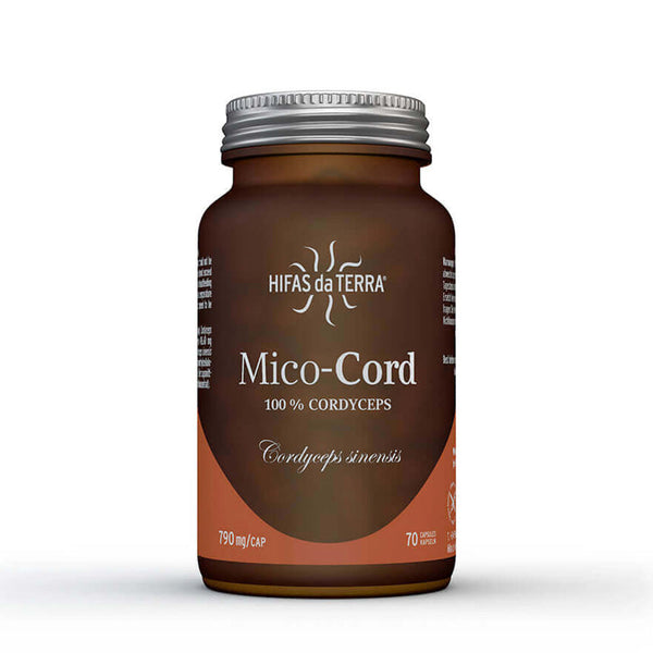 Brown supplement bottle labeled 'Mico-Cord' by Hifas da Terra on a white background
