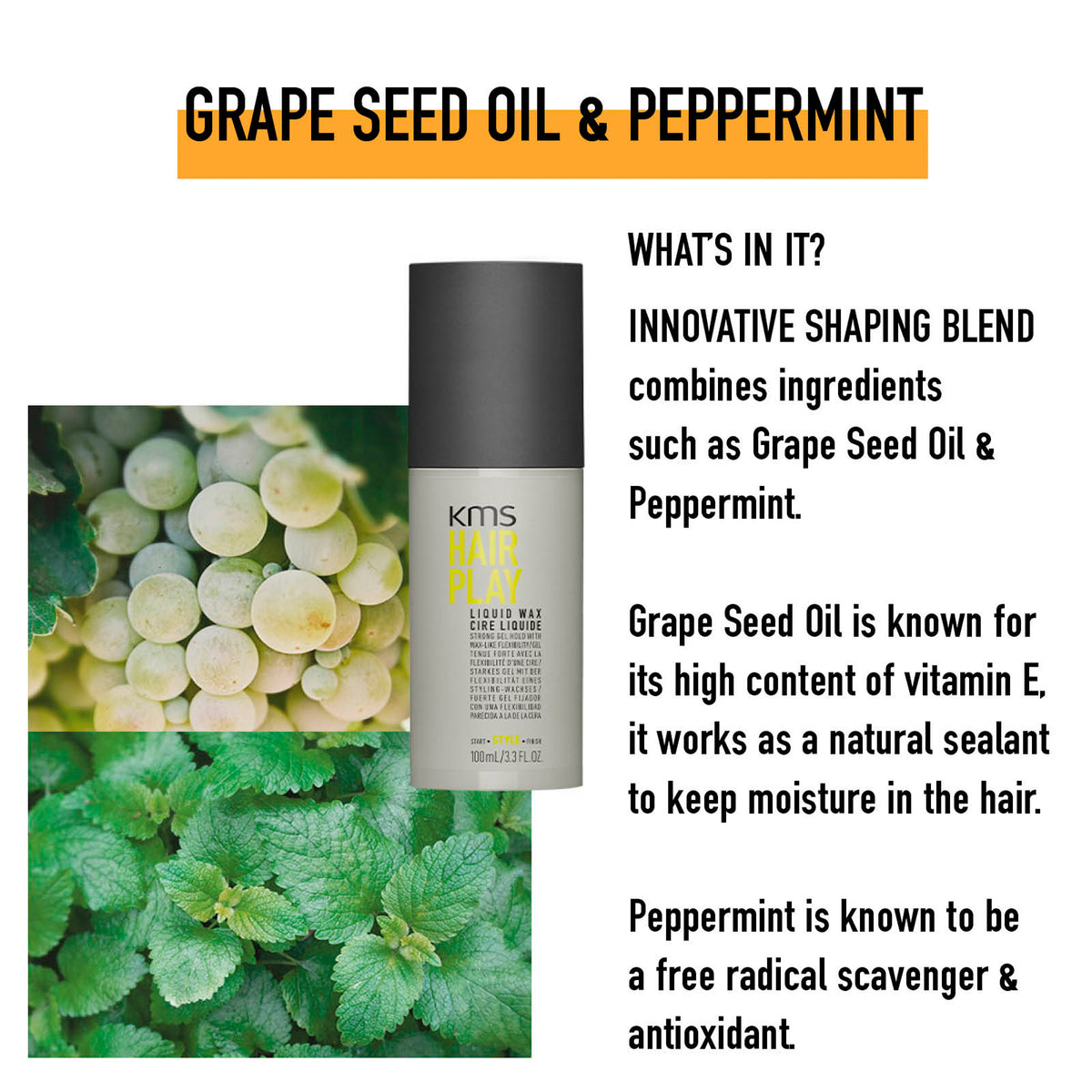 KMS hair product with grape seed oil and peppermint text and images