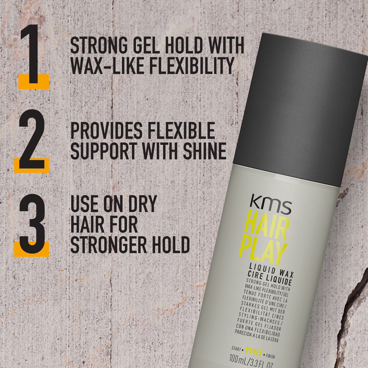 KMS Hair Play product with text on a textured background
