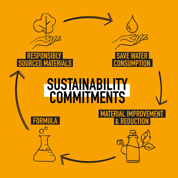 Illustrations and text on sustainability commitments with icons and arrows on a yellow background
