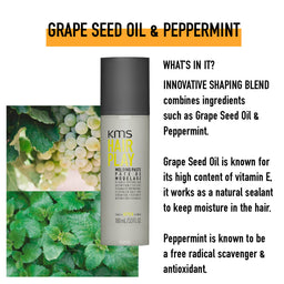 KMS Hair Play molding paste with grape seed oil and peppermint ingredients, surrounded by images of grapes and peppermint leaves.
