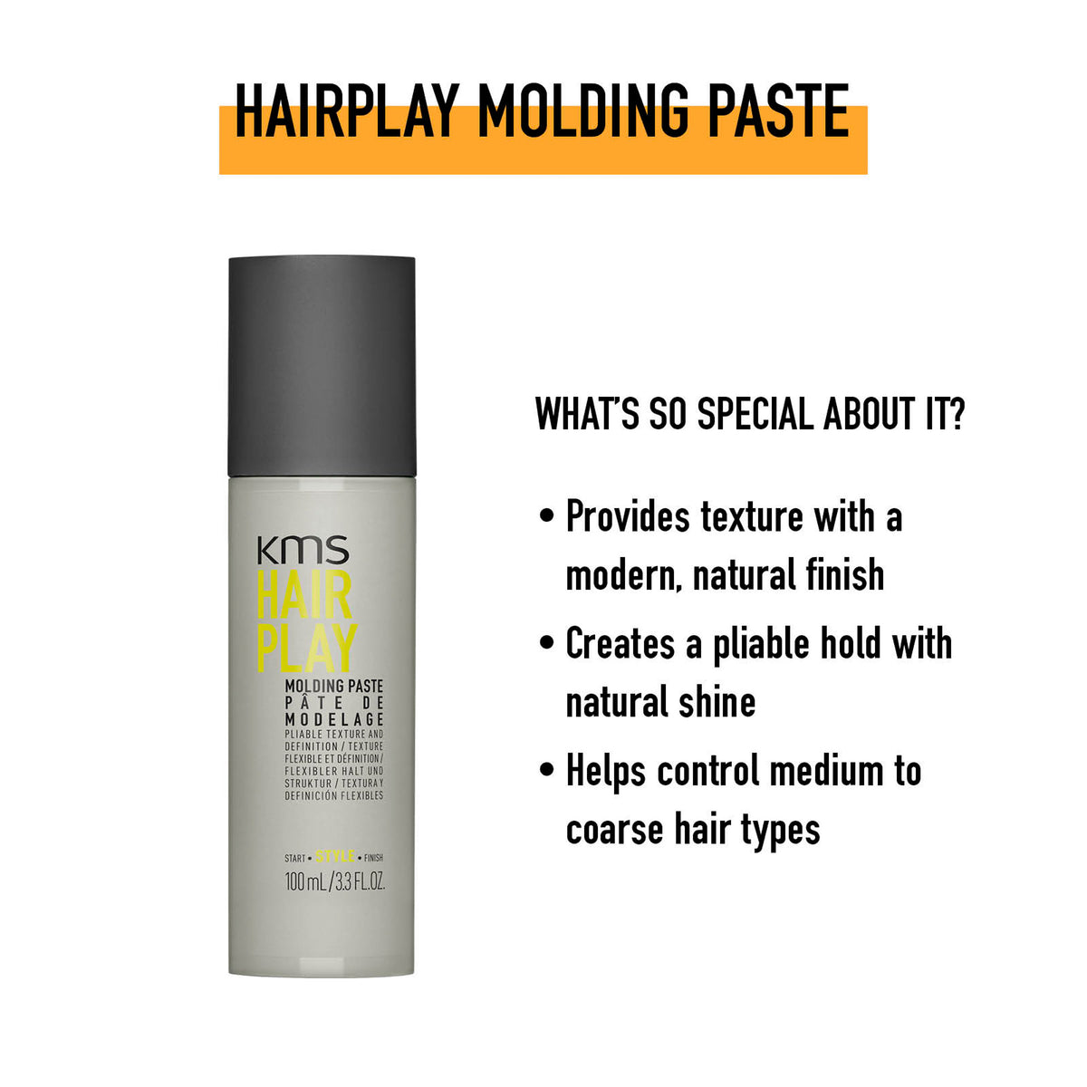KMS Hair Play Molding Paste bottle with product features on a white background