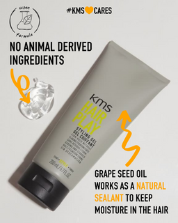 KMS Hair Play styling gel with branding and product details on a light gray background