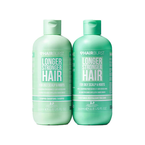 Two bottles of Hairburst shampoo for oily scalp and roots on a white background