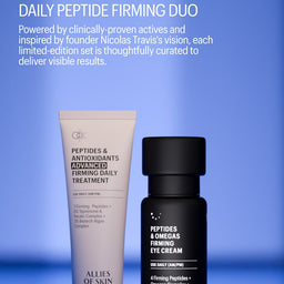 Two skincare products from Allies of Skin on a blue background with text about daily peptide firming duo.