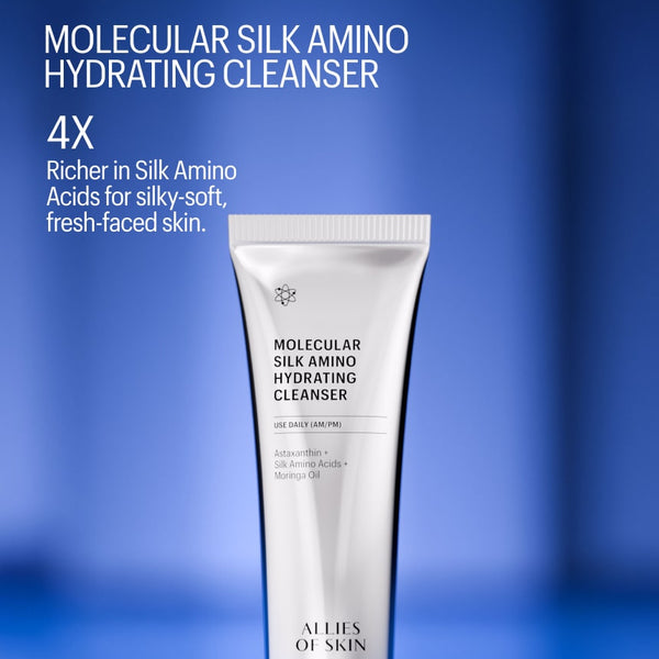 Tube of Molecular Silk Amino Hydrating Cleanser with text on a blue background