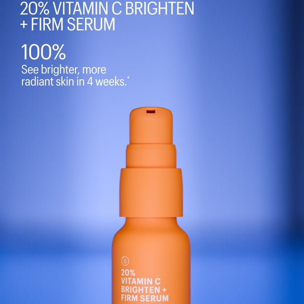 Orange serum bottle with text on a blue background