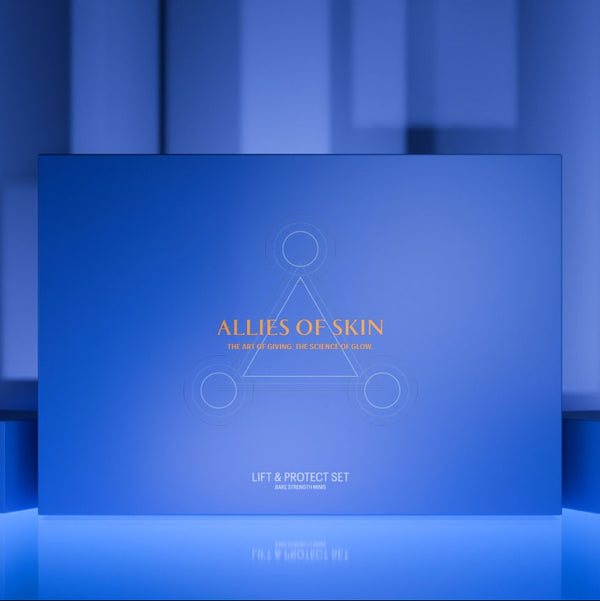 Blue gift set packaging with 'Allies of Skin' branding on a blue background