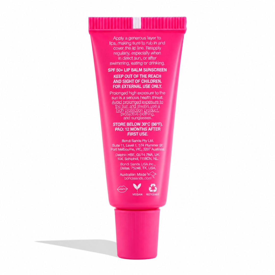A bright pink tube of Bonas Sands SPF 50+ Lip Balm Sunscreen shown from the back on a clean white background.