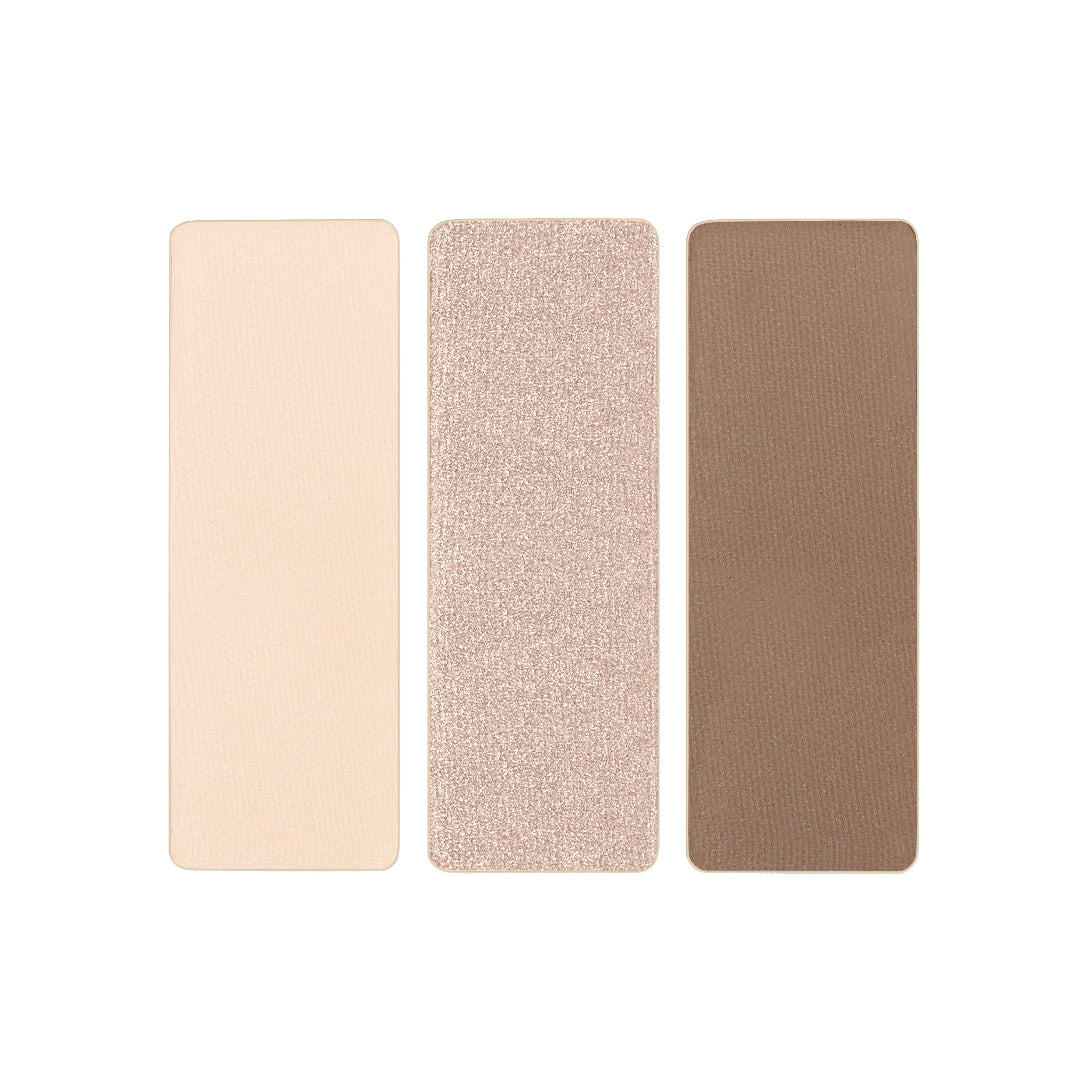 Three rectangular color swatches in beige, light brown, and dark brown on a white background