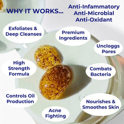 Two brown sponges on a white plate with text describing their benefits.