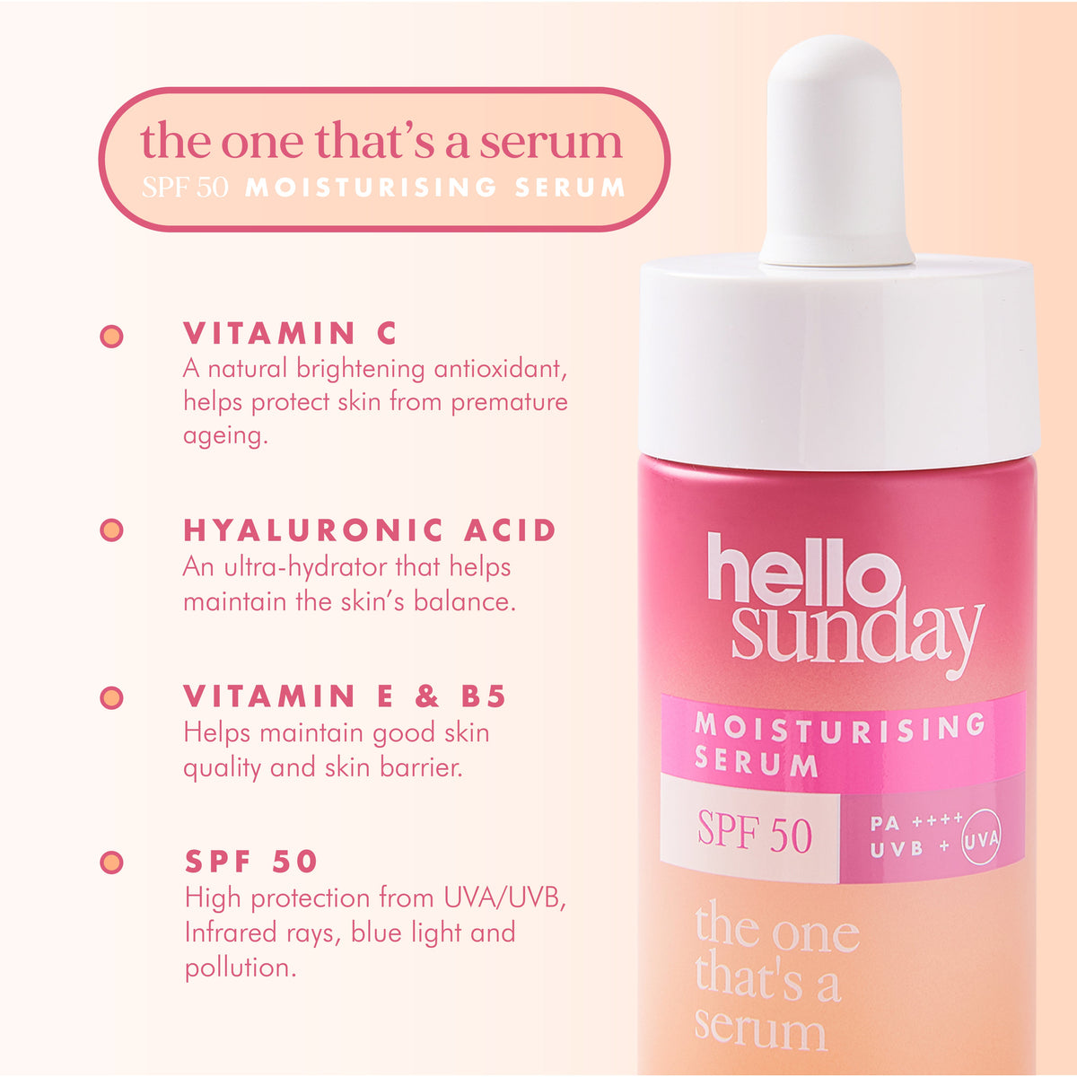 hello sunday moisturising serum bottle with product details on a light pink background