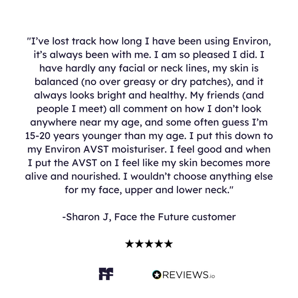 Product review text for Environ skincare on a white background