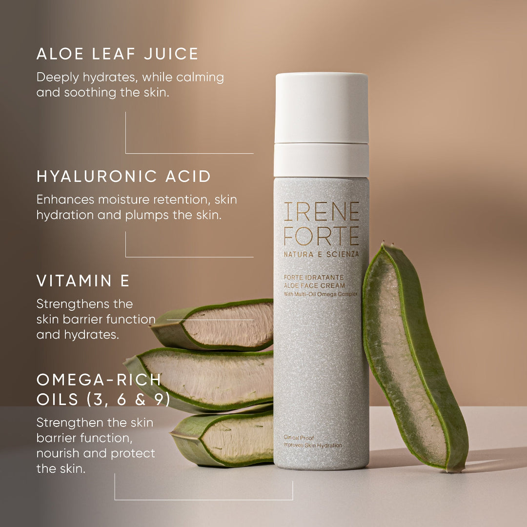 Irene Forte Porte Igratante Glow Face Cream bottle displayed on a beige surface with aloe vera slices around it, accompanied by descriptive text highlighting key ingredients.