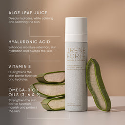 Irene Forte Porte Igratante Glow Face Cream bottle displayed on a beige surface with aloe vera slices around it, accompanied by descriptive text highlighting key ingredients.