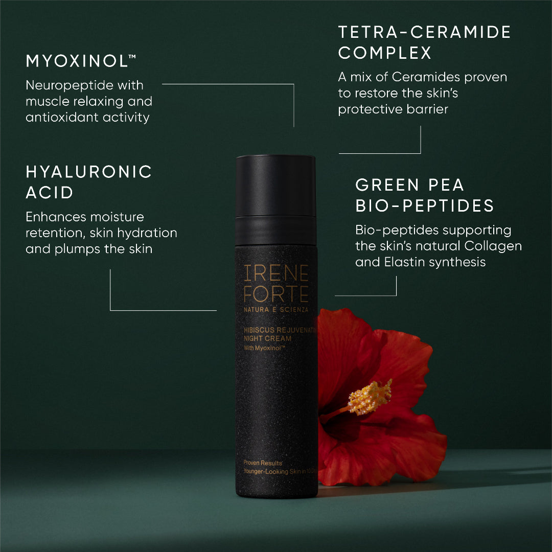 Irene Forte skincare product with ingredients listed on a dark green background