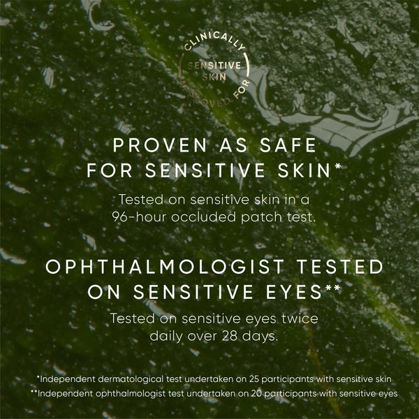 Product packaging with text about safety for sensitive skin and eyes on a green leaf background.
