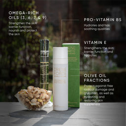 Skincare products with ingredients listed on a blurred natural background