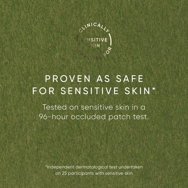 Text on a green background stating 'Proven as safe for sensitive skin' with a dermatological test reference.