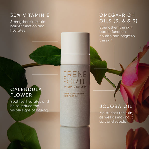 Irene Forte skincare product with ingredients listed on a blurred floral background