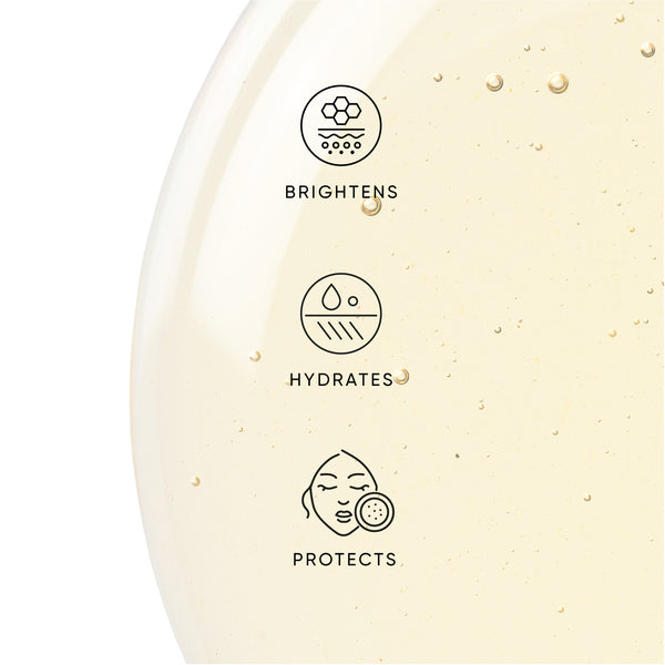 Skincare product with icons indicating brightening, hydrating, and protecting effects on a beige background.