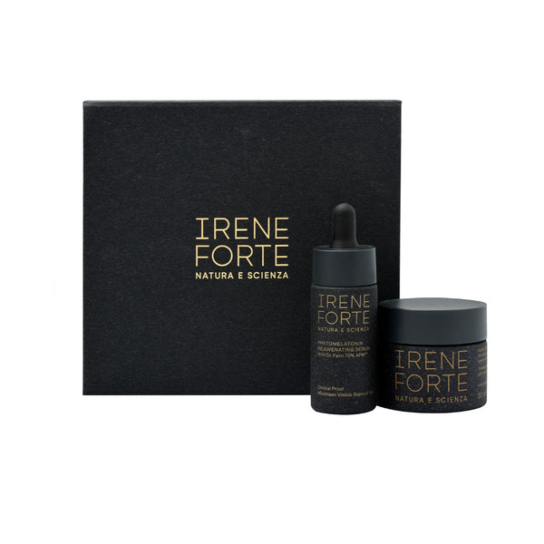 Irene Forte skincare products including a black box, dropper bottle, and jar on a white background.