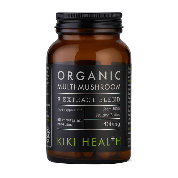 Bottle of Organic Multi-Mushroom 8 Extract Blend by Kiki Health on a white background