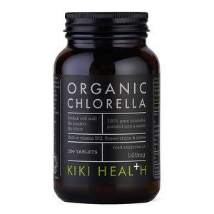 Bottle of Organic Chlorella supplement by KIKI Health on a white background
