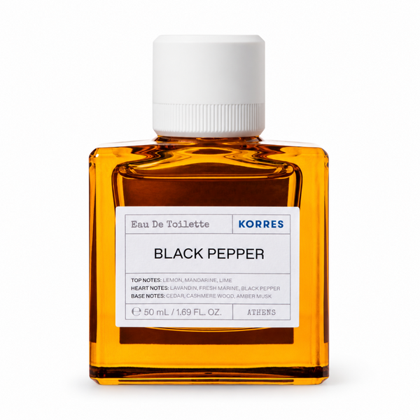 A 50 mL bottle of Korres Black Pepper Eau De Toilette with amber liquid and a white cap, shown on a clean white background.