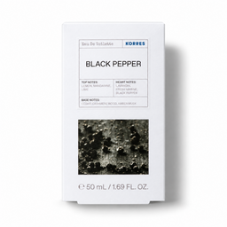 A white rectangular box of KORRES Black Pepper Eau De Toilette, featuring black text and a dark textured graphic of black pepper crystals on the front, set against a clean white background with a soft shadow.