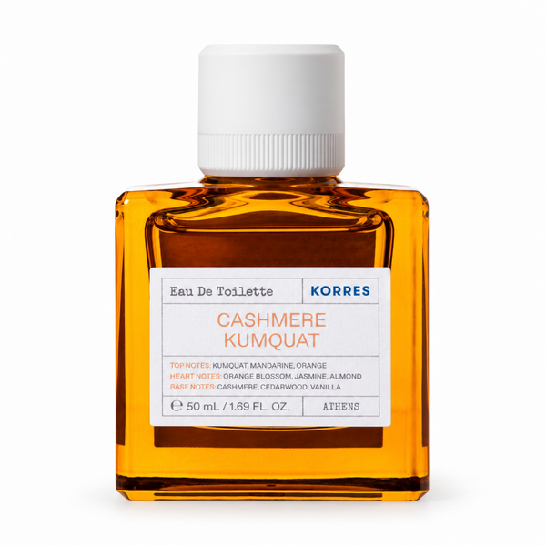 A 50 mL bottle of KORRES Cashmere Kumquat Eau De Toilette with amber-colored liquid, a white cap, and a white label, shown on a clean white background.