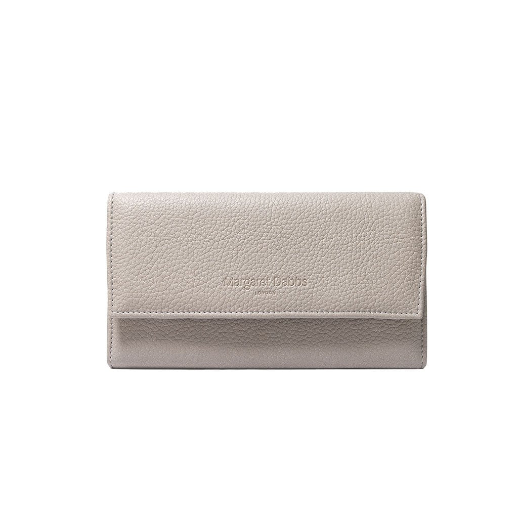 Light gray wallet with brand name on a white background