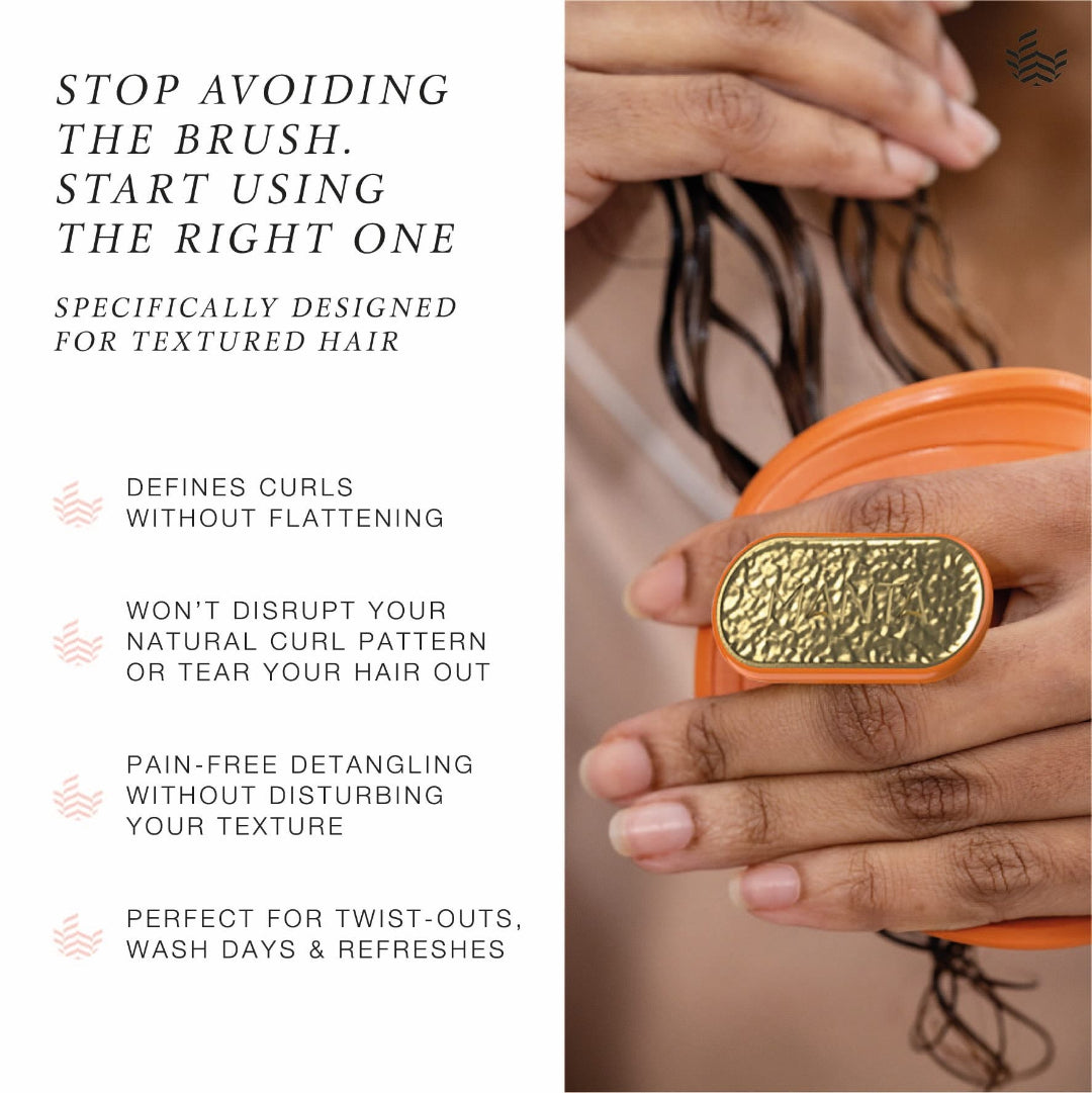 Hairbrush with gold accents held by a person, text about using the right hairbrush for textured hair.