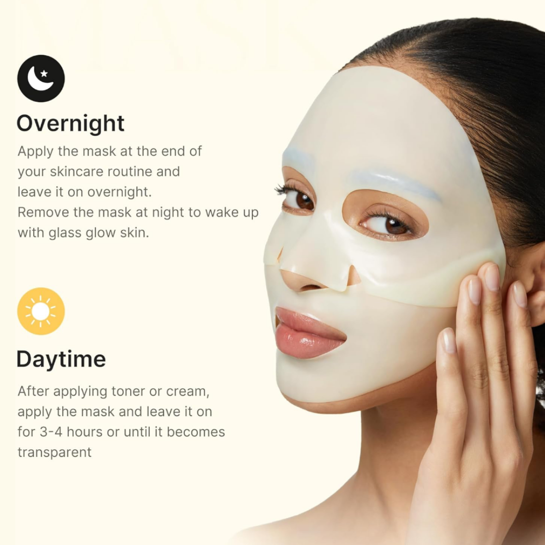 Woman wearing a face mask with usage instructions on a beige background