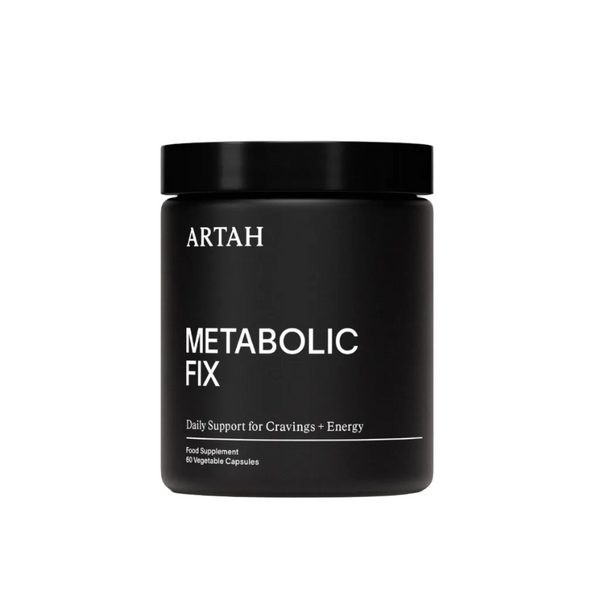 Black container labeled 'ARTAH Metabolic Fix' on a light gray background with awards displayed.